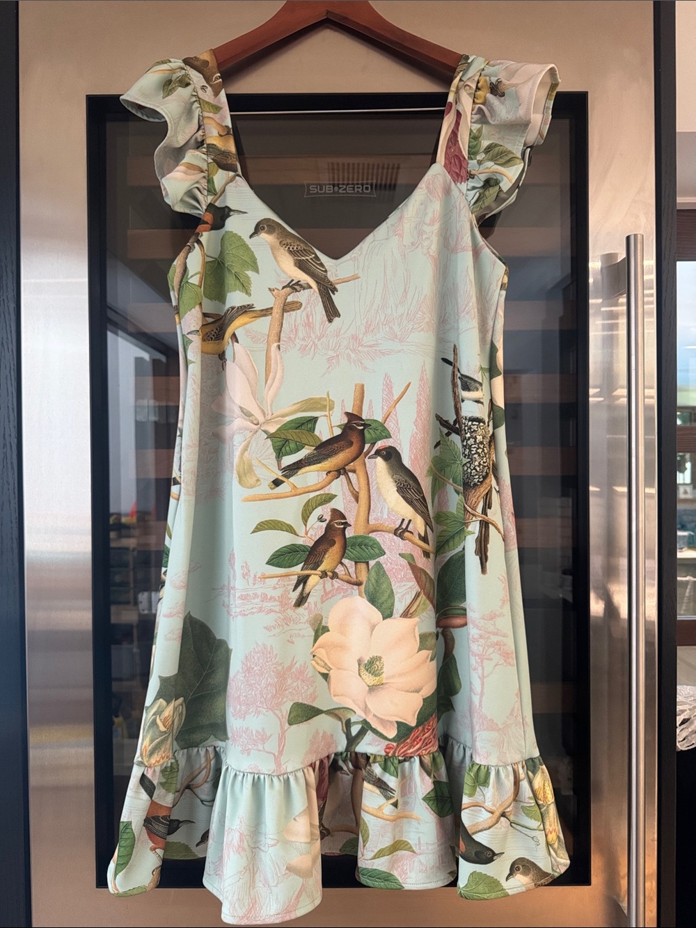 Carolina Pulia Bird & Floral Print Ruffle Mini Dress Size L